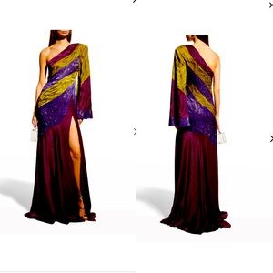 RAISA VANESSA Wave Color-block One- Shoulder Satin Gown 💜♥️💚